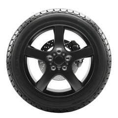 Obraz premium Matte black alloy wheel with tire, five-spoke rim closeup. Automotive car wheel and tire for transport design isolated on Transparent Background