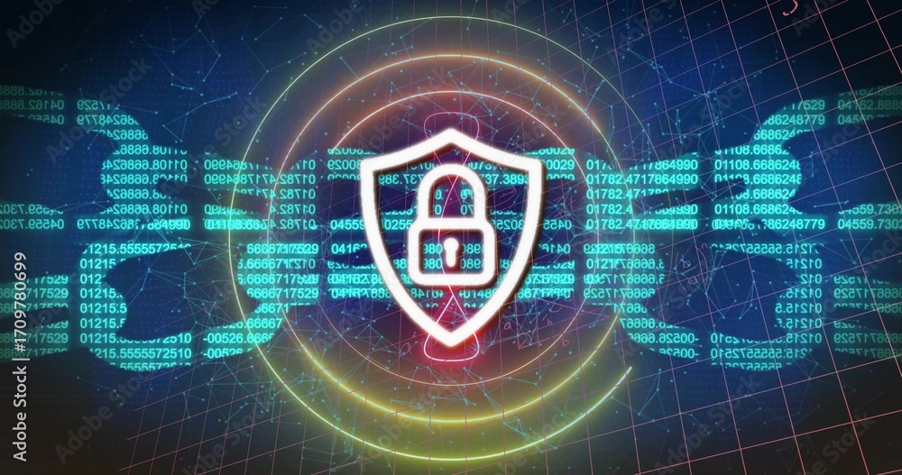 Aufkleber highlighting white-outlined shield with padlock icon floating on dark grid with code links, rings