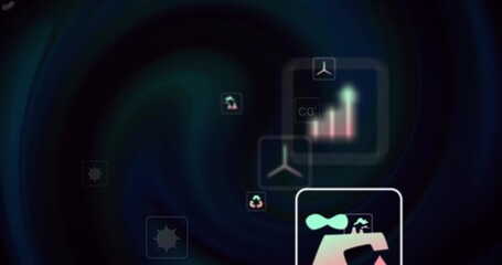 Floating panel showing hand holding leaf-topped house on UI, with multiple eco icons, copy space