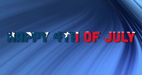 Displaying HAPPY 4TH OF JULY text with American flag pattern on blue swirl at design workspace