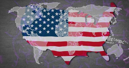 Displaying US silhouette with flag pattern on dark background, featuring world map and purple veins
