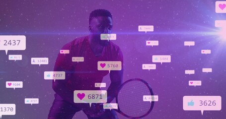 Performing ready tennis stance athlete in sportswear on purple gradient, with racket, social icons
