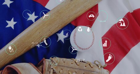 Arranging wooden baseball bat over baseball glove holding baseball on USA flag, showing eco icons