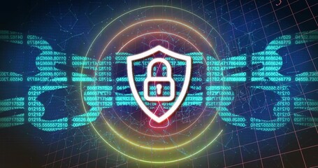 Highlighting white-outlined shield with padlock icon floating on dark grid with code links, rings