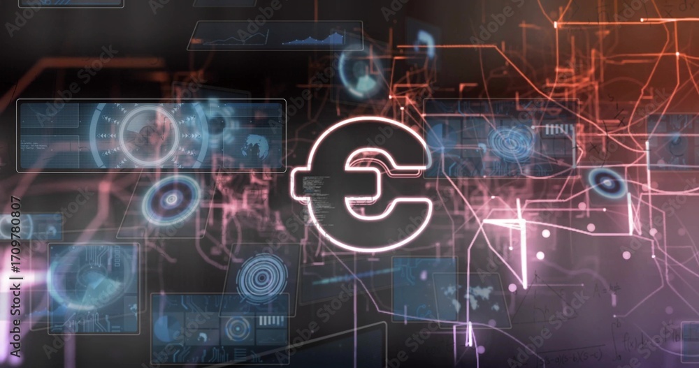 Poster floating glowing euro symbol pulsing within network dashboard, with data panels and neon lines