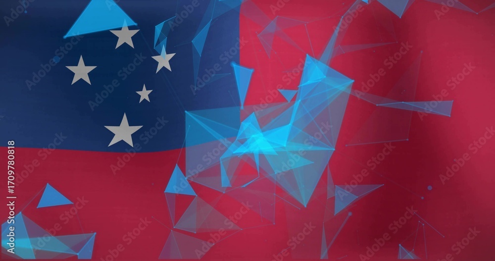 Poster animating translucent cyan triangular polygon mesh connecting nodes in vector art, with white stars