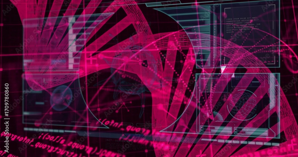 Poster twisting pink dna double helix dominating virtual lab interface, with cyan-outlined ui panels