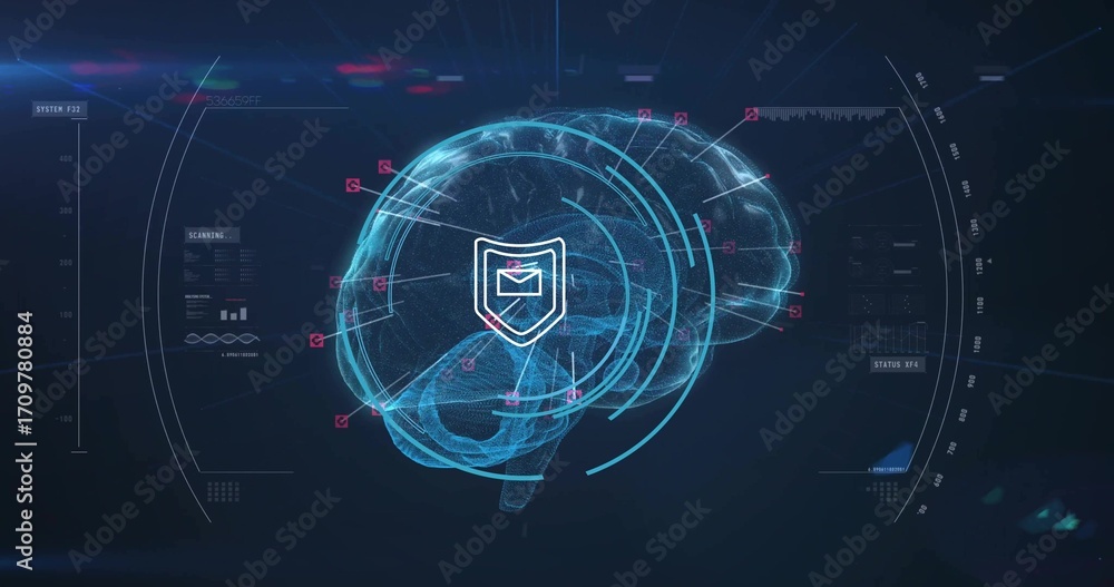 Poster scanning holographic brain floating at data interface, showing shield, mail icon and scanning rings