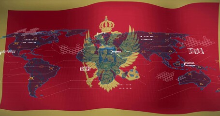 Showing golden double-headed eagle with crown scepter orb in digital flag graphic with data nodes