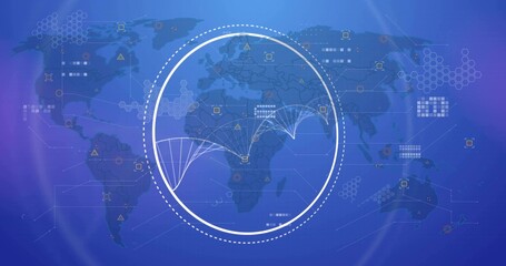 Displaying dashed circle showing Africa-to-Europe-and-Middle East arcs on world map with data grid