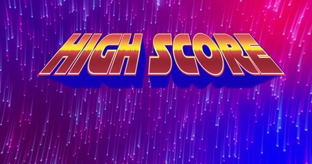 Displaying stylized HIGH SCORE text graphic in virtual neon rain, with falling pixelated lines