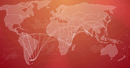 Naklejka premium Displaying world map routing via white dotted lines on digital canvas, with hexagons and gridlines
