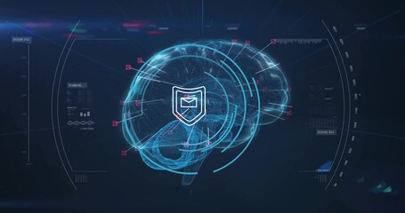 Scanning holographic brain floating at data interface, showing shield, mail icon and scanning rings