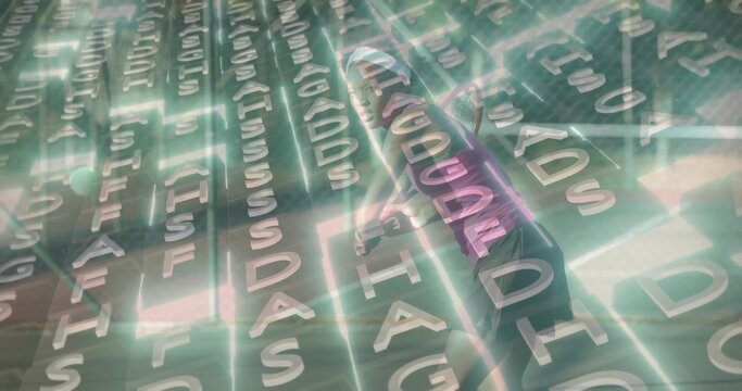 Striding woman wearing glowing suit in neon virtual grid, alphanumeric characters floating