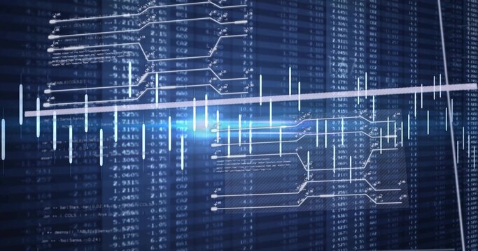 Glowing trend line slicing on deep blue candlestick grid, with numeric columns, circuit overlays
