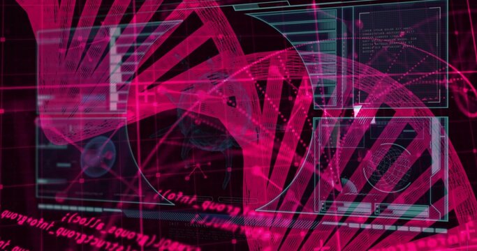 Twisting pink DNA double helix dominating virtual lab interface, with cyan-outlined UI panels