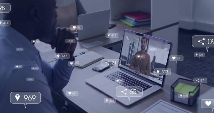 shirted man joining virtual meeting at desk, with main laptop smartphone floating icons, copy space