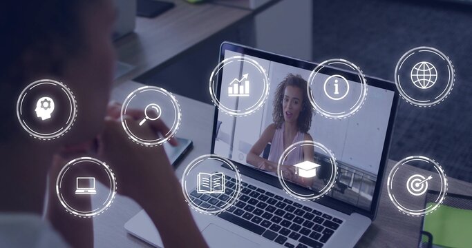 Woman joining remote call with colleague at office desk, with smartphone and green notebook icons - Powered by Adobe