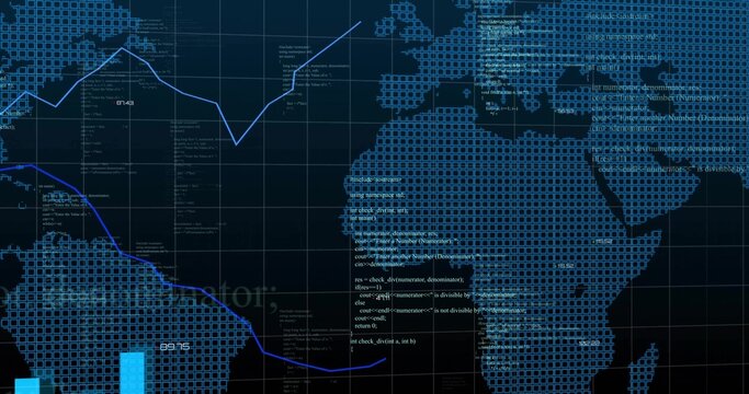 Displaying stylized blue grid world map with line graphs, bar charts and code snippets on dashboard