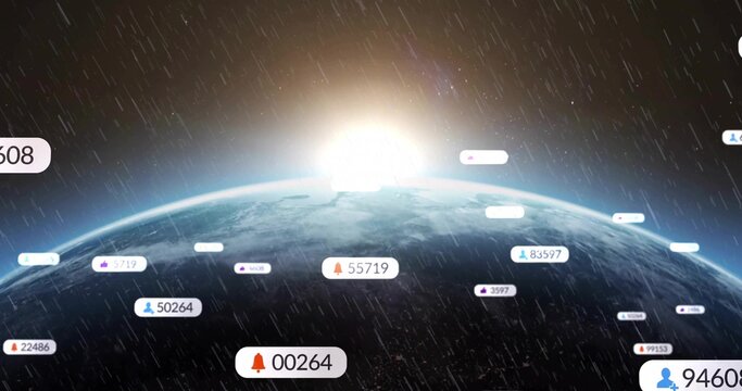 Naklejki Showing curved Earth horizon glowing by rising sun flare in star field, with streaming data icons