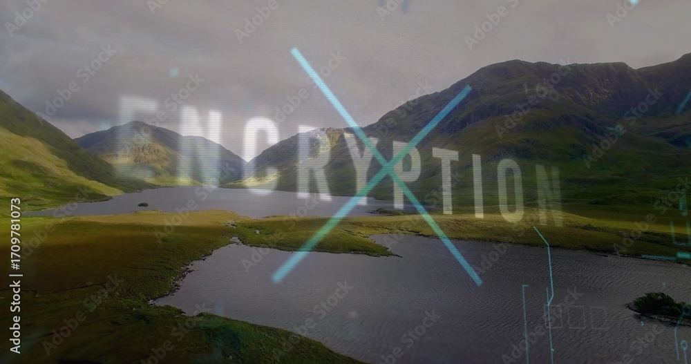 Poster showing valley lake and slopes, overlaying encryption with glowing blue lines and hud elements