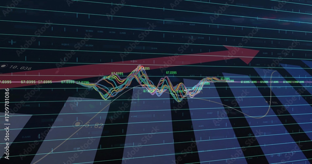 Aufkleber showing financial chart on interface with line graphs numeric labels red arrow blue bars cyan grid
