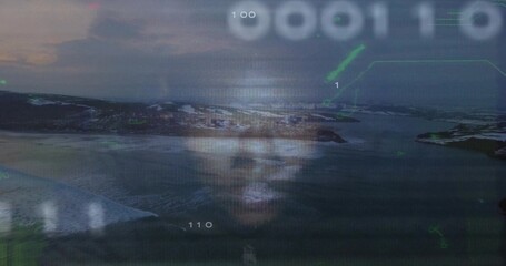 Floating projected male face hovering over arctic coast, with binary code and green HUD graphics