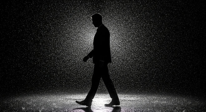 Silhouette of a Person Walking Against a Dazzling Starry Night Background in Black Suit with Faint Light Reflecting on Ground