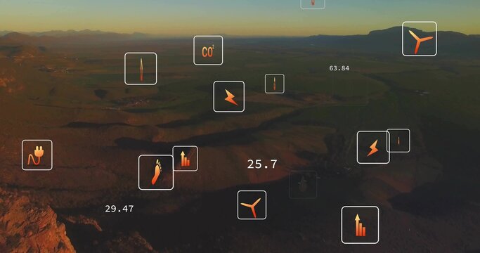 Displaying data overlay above canyon at dusk, with CO? plug lightning turbine footprint symbols