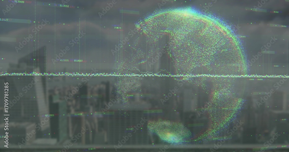 Poster hovering holographic globe showing data points over city skyline with numeric codes and data stream