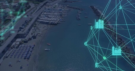 Naklejka premium Overlaying neon-blue network showing financial data over beach umbrellas and boats, copy space