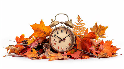 Autumn time, vintage alarm clock concept among autumn fallen yellow leaves, October is a time of change