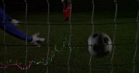 Diving goalkeeper reaching toward soccer ball on pitch with net and chart overlay, copy space