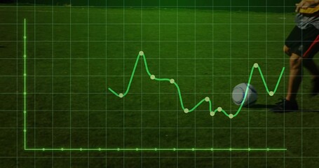 Overlaying green data grid onto soccer pitch, tracking player legs in shorts and ball, copy space