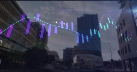 Displaying translucent bar chart and line graph overlay over downtown street, with numeric labels