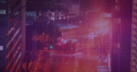 Showing blurred urban night street using digital grid overlay, with tall buildings and light trails