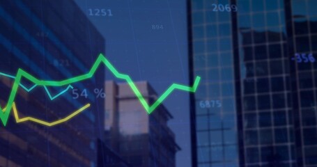 Showing green and yellow trend lines over downtown glass skyscrapers, featuring numeric data labels