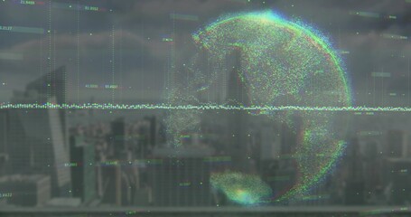 Hovering holographic globe showing data points over city skyline with numeric codes and data stream