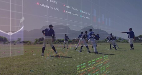 Coaching baseball team practicing fielding on outfield, with gloves, cones, bats, financial charts
