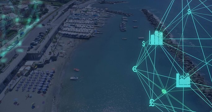 Overlaying neon-blue network showing financial data over beach umbrellas and boats, copy space