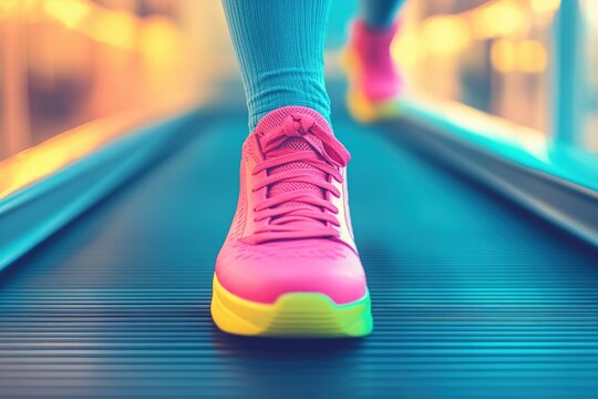 Close up view of vibrant pink and yellow sneakers hitting the treadmill, showcasing energy and motion during an intense gym workout