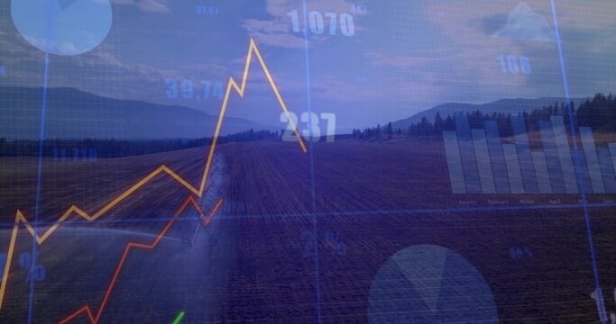 Blending rural field stretching toward hills under cloudy sky, with grid overlay and line plot