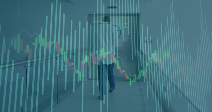 Walking doctor wearing white lab coat in hospital corridor with handrails and candlestick overlay