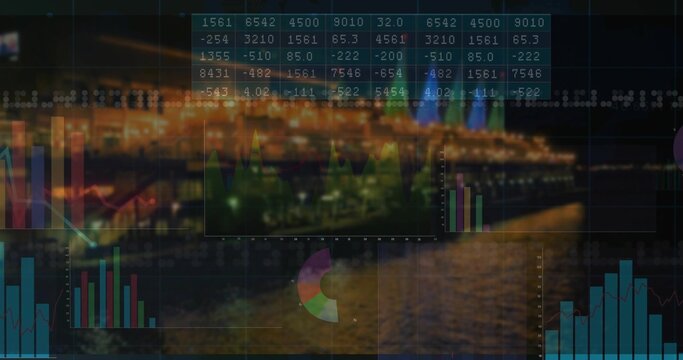 Projecting data tables, line graphs, bar charts and pie segments over waterfront skyline at night