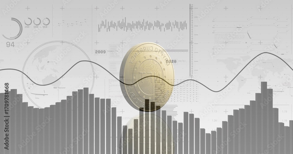 Poster displaying gold crypto coin standing in dashboard, with bar chart line graph world map overlay