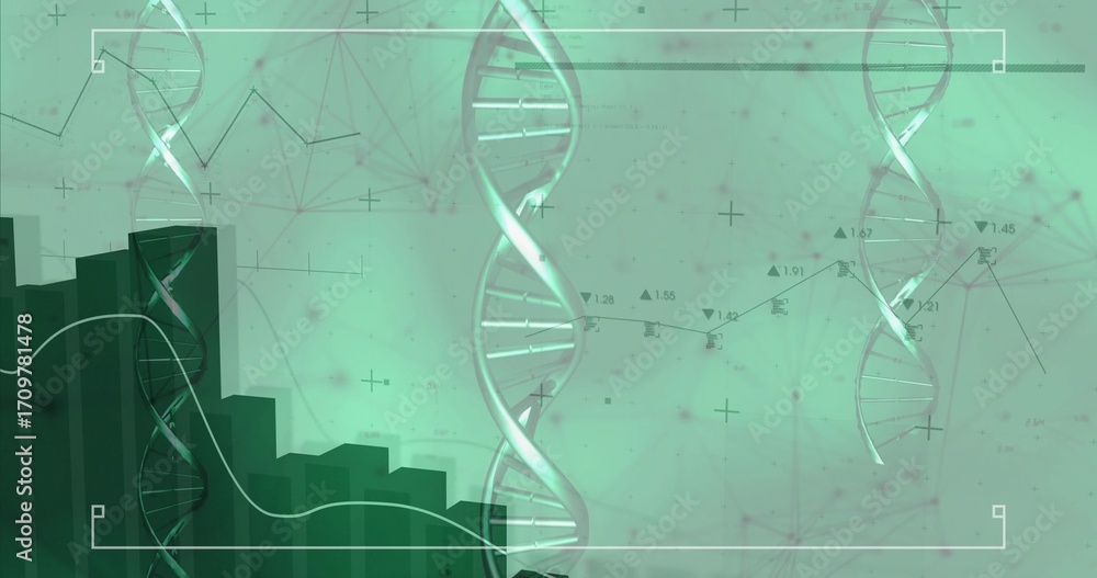 Poster displaying three dna double-helix models in virtual data space with bar chart and network overlay