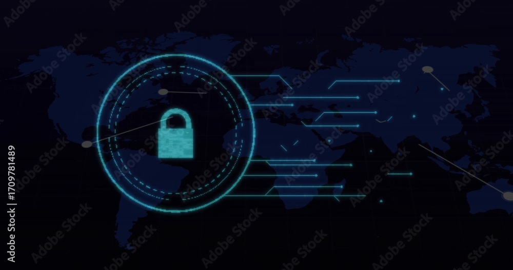 Poster glowing turquoise padlock icon pulsing within circular interface on blue world map, with neon lines