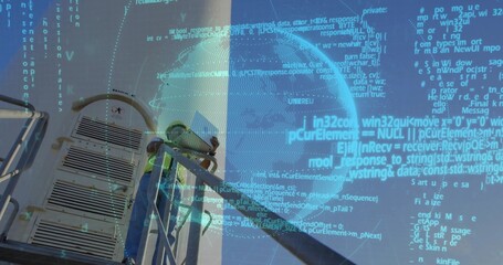 Helmeted technician servicing vent unit on roof ladder, with code and globe overlay, copy space