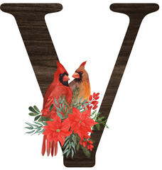 Watercolor illustration of the letter Y decorated with winter birds — cardinal, bohemian waxwing, blue jay, hoary redpoll — and Christmas plants. Perfect for monograms and festive designs.