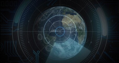 Projecting Earth in space with targeting reticle, grid rings, scanning beam, interface circuitry © vectorfusionart